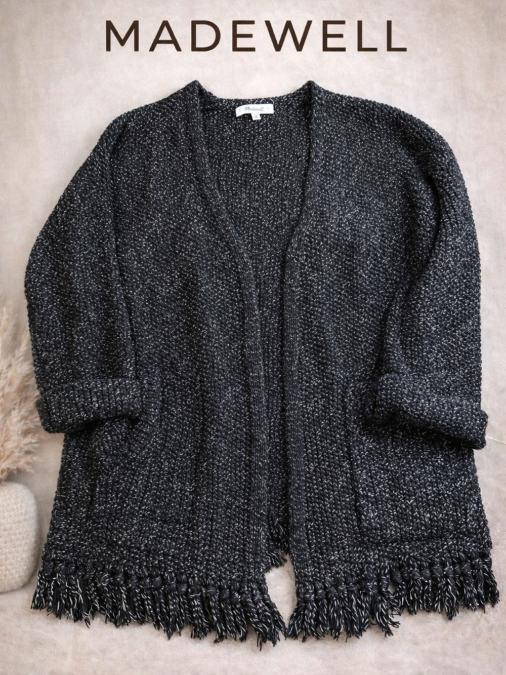 Madewell Fringe Hem Open Front Cardigan Chunky Knit Boho Cozy Textured Sweater